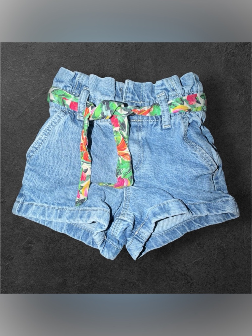 Denim Co Paperbag Waist Denim Shorts w/ Floral Belt 1.5–2Y